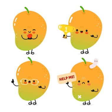 Çeşitli pozlardaki antropomorfik mango karakterlerinin oyuncu bir çizimi, her biri benzersiz duygu ve durumları ifade ediyor..