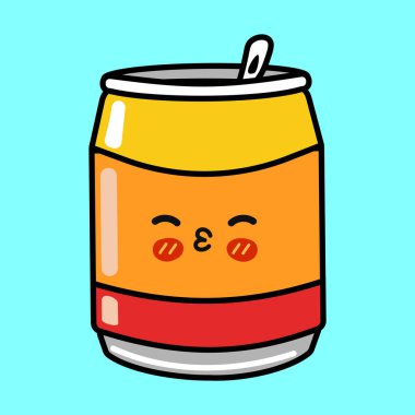 Tatlı bir karikatür Soda Kutusu. Öpücük yüzü ve turkuaz bir arka planda pipet. Neşeli ve dost canlısı..