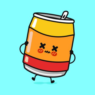 Hüzünlü bir ifadeyle tatlı bir soda kutusu karakteri. Renkli resimde neşeli bir içecek kabı yer alıyor..