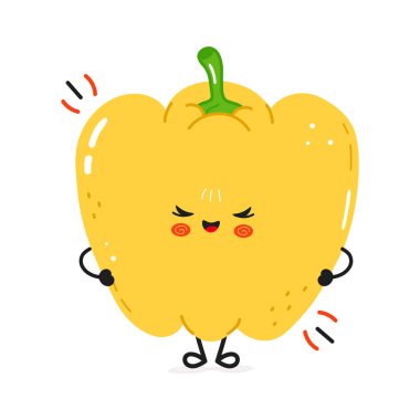 Mutlu yüzlü neşeli sarı biber karakteri, şirin bir çizgi film tarzında çizilmiş..