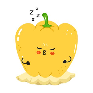 Şirin, sarı bir karikatür çan biberi mışıl mışıl uyuyor, sevimli yüz ifadeleri ve detaylar var..