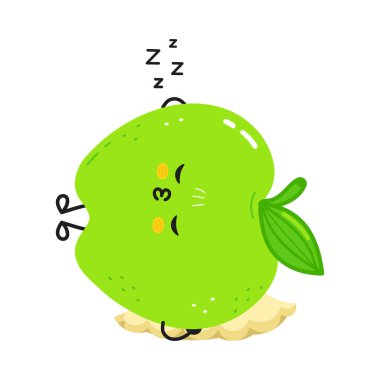 Şirin yeşil elma karakteri yumuşak bir yastıkta huzur içinde uyuyor tatlı rüyalar ve rahatlıkla dolu huzurlu bir anın tadını çıkarıyor.