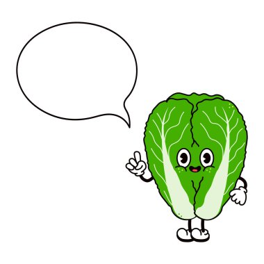Gülen karikatür marul maskotu boş konuşma balonu tutuyor sağlıklı beslenmeyi ve canlı bitki temelli yaşam tarzını temsil ediyor.