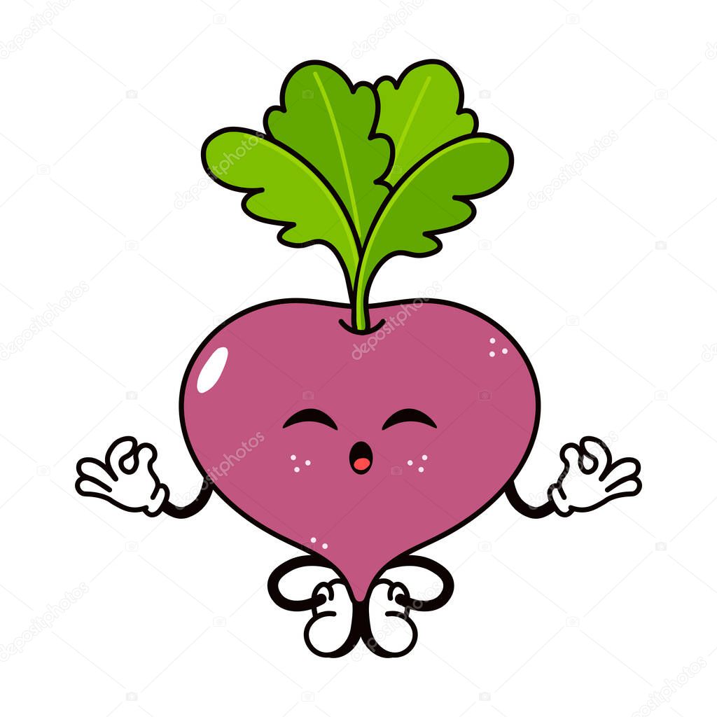 Cartoon beetroot meditating in lotus position, promoting mindfulness, healthy lifestyle, and vegetarian diet
