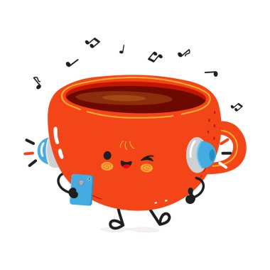 Neşeli kahve fincanı karakteri kulaklıklı müzik dinliyor, akıllı telefon tutuyor, göz kırpıyor ve mutlu bir şekilde gülümsüyor.