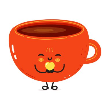 Gülen kırmızı kahve fincanının karikatür çizimi bir kalp taşıyor, sevgi ve sevgiyi ifade ediyor.