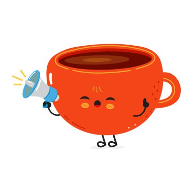 Çizgi film kahve fincanı maskotu megafonla bağırıyor, sportmence hipnotize edilmiş bir ifade sergiliyor ve acil bir mesaj iletiyor.