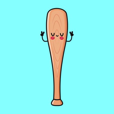 Kawaii beyzbol sopası açık mavi arka planda ahşap desenli barış işareti gösteriyor.