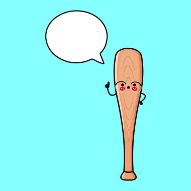 Gözlük takan ve mavi arka planda konuşma balonuyla işaret eden sevimli beyzbol sopası karakteri.