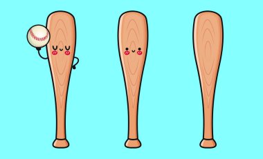Üç sevimli kawaii beyzbol sopası, biri beyzbol topu tutuyor, mavi arka planda, spor ve beyzbolla ilgili tasarımlar için mükemmel.