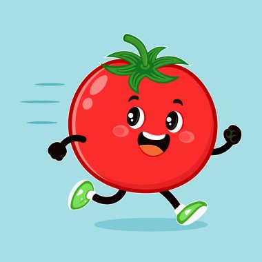 Kolları, bacakları ve spor ayakkabıları olan neşeli bir çizgi film domatesi açık mavi bir arkaplanda koşuyor. İfadesi mutlu..