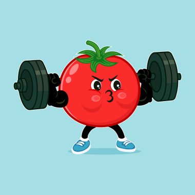 Çizgi film karakteri ağırlık kaldırır, dayanıklılık ve zindelik gösterir. Resim açık mavi bir arkaplan ile ayarlanır.