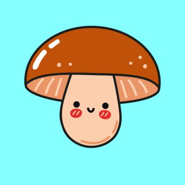 Kawaii mantar çizgi film karakteri gülümsüyor ve hayattan zevk alıyor, tatlı bir ifadeyle ve pembe yanaklarıyla