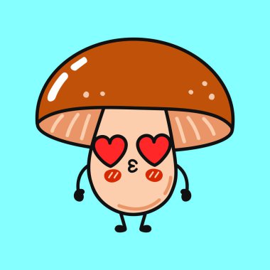 Karikatür mantarı kalp şeklinde gözler, aşk ve şefkat yayar, öpücük savurur, tuhaf ve neşeli bir hava yaratır.