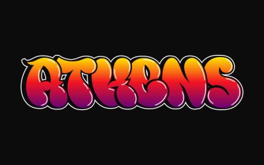 Atina kelimesi parlak, renkli bir grafiti tarzında, koyu siyah bir arkaplan üzerine kurulmuş, cesur bir görsel ifade yaratıyor..