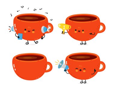 Dört pozda neşeli, antropomorfik bir kahve fincanı karakteri müzik dinlemek, bir kupa tutmak ve bir megafon kullanmak gibi çeşitli aktivitelere katılıyor.