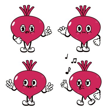 Farklı pozlarda ifade eden yüzleri ve kolları olan, beyaz bir arka planda izole şirin pancarlar. Pancar kırmızıdır ve mutlu ve müzikal ifadeleri vardır..