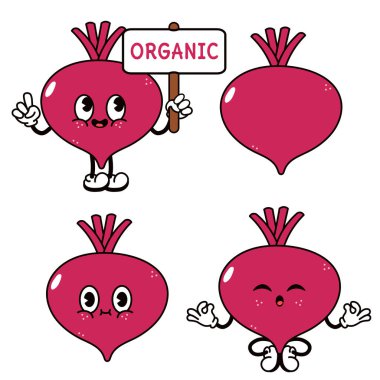 Çeşitli pozlardaki şirin pancar karakterleri, biri organik tabela tutuyor..