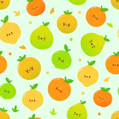 Yumuşak yeşil arka planda gülümseyen portakallar, limonlar, limonlar ve armutlar içeren neşeli bir desen. Neşeli bir tasarım için mükemmel.