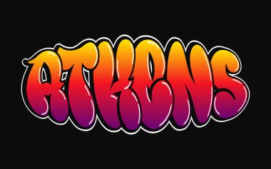 Atina kelimesi parlak, renkli bir grafiti tarzında, koyu siyah bir arkaplan üzerine kurulmuş, cesur bir görsel ifade yaratıyor..