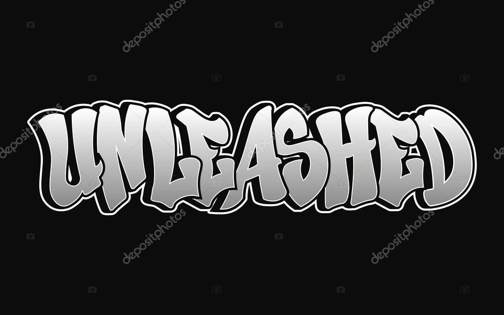 The word Unleashed in graffiti style with a white outline, set against a stark black background.