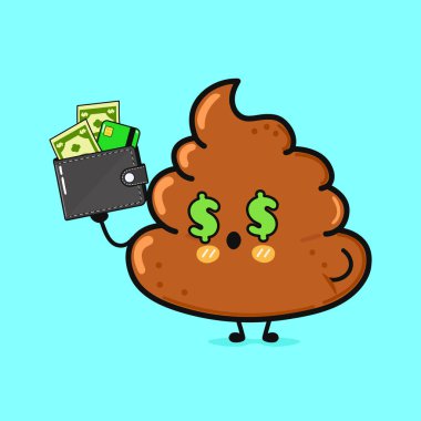 Bir çizgi film karakterinin komik bir çizimi. Para dolu bir cüzdan ve kredi kartı taşıyan gözler için dolar işaretleri olan bir çizgi film karakteri..