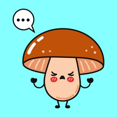 Sinirli bir ifade ve düşünce baloncuğu olan sevimli bir çizgi film mantarı, canlı bir deniz mavisi arkaplanı üzerine kurulmuş..