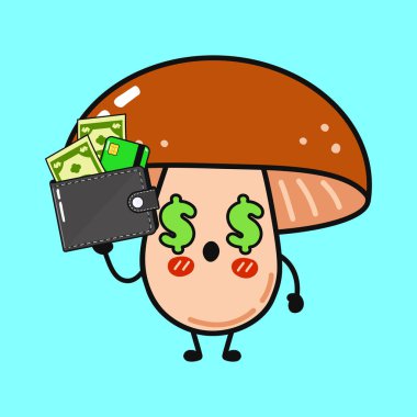 Dolar işaretli tuhaf bir çizgi film mantarı içinde para dolu bir cüzdan ve bir kredi kartı bulunan parlak mavi bir zemin üzerine kuruludur..