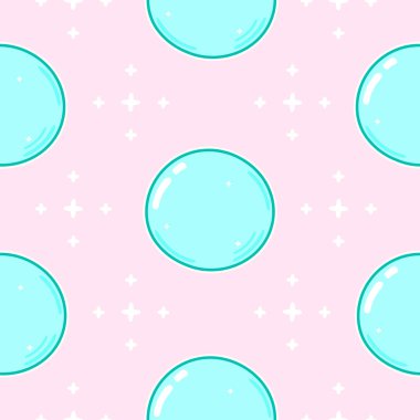 Yumuşak pembe bir zemin üzerinde parlak mavi baloncuklar içeren kusursuz bir desen beyaz yıldız şeklindeki ışıltılar, kaprisli ve neşeli bir tasarım yaratır..