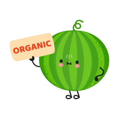 Üzerinde organik yazan bir tabela tutan karpuz. Sağlıklı gıda kavramlarını resmetmek için mükemmel..