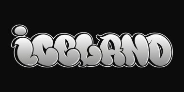 Bu resim siyah arkaplan ve graffiti tarzı bir yazı tipi ve gradyan beyaz ve gri renk şeması ile oluşturulan İzlanda sözcüğünü içerir..