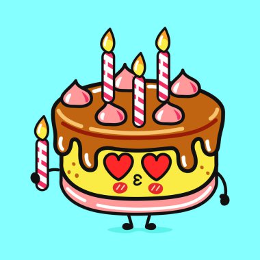 İçinde mumlar, kalpler ve neşeli bir ifade olan şirin bir çizgi film doğum günü pastası, açık mavi bir arkaplanda, kutlamalar için mükemmel..