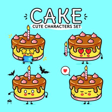 Açık mavi arkaplanlı şirin çizgi film pastaları. Pastaların çok güzel yüzleri ve süslemeleri var..