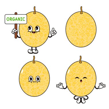 Farklı ifadelere sahip bir kavunun yer aldığı ve elinde organik bir tabela olan eğlenceli karikatür çizimi..