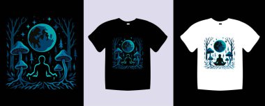 Çarpıcı bir tişört tasarımında, parlayan mantarlar ve orman elementleriyle çevrili mistik bir ayın altında meditasyon yapan sakin bir figür yer alıyor..