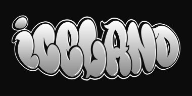 Bu resim siyah arkaplan ve graffiti tarzı bir yazı tipi ve gradyan beyaz ve gri renk şeması ile oluşturulan İzlanda sözcüğünü içerir..