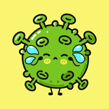 Üzücü bir ifadeyle tasvir edilmiş şirin bir koronavirüs çizimi ve sarı bir arkaplanda gözyaşı damlası. Karakter tasarımı temiz ve çekici..