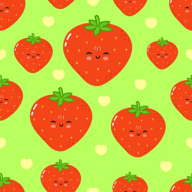 Gülümseyen çilekler ve açık yeşil arka planda küçük sarı kalpler içeren hoş, pürüzsüz bir desen, çeşitli tasarımlar için mükemmel..