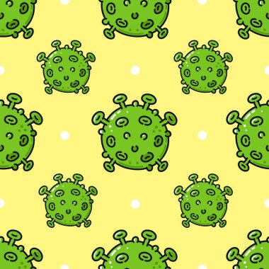 Sarı arkaplanda beyaz noktalı yeşil çizgi film virüs hücrelerini gösteren bir çizim. Tıbbi ve bilimsel kullanım için uygun.