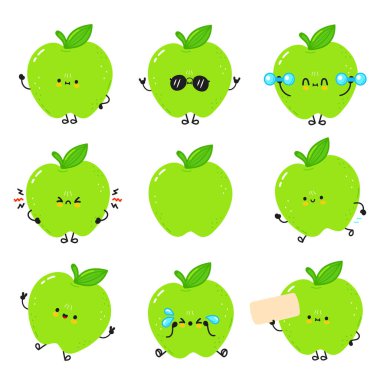 Mutluluk, üzüntü, öfke ve serinkanlılık gibi çeşitli duyguları ifade eden sevimli yeşil elma karakterleri koleksiyonu..