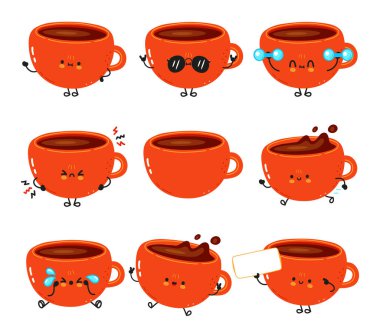 İçinde çeşitli ifadeler ve hareketler bulunan, kahve dolu şirin çizgi film kahve fincanları. Onlar antropomorfik..
