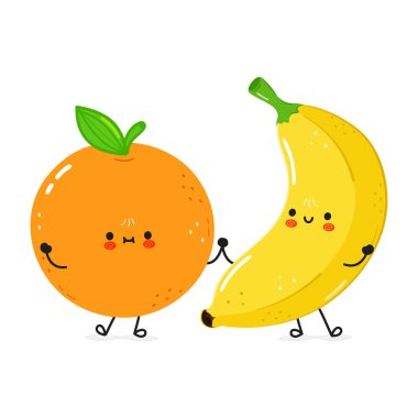 Beyaz bir arka planda mutlu bir portakal ve muzun el ele tutuşmasının hoş bir çizimi..