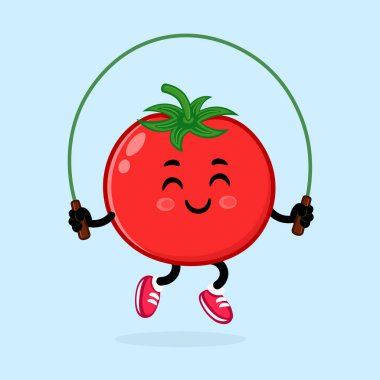 Neşeli bir çizgi film domatesi ip atlama seansından zevk alır. Sağlıklı beslenme ve eğlence ortamını parlak, davetkar bir tarzda teşvik eder..