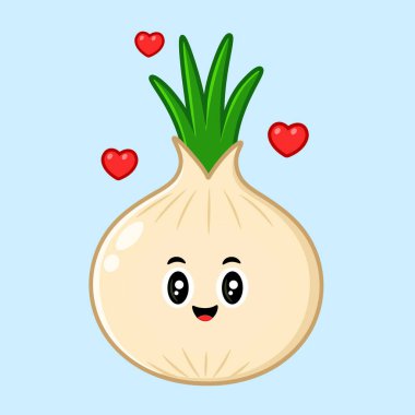 Neşeli bir yüzü ve açık mavi arka planda yüzen kalpleri olan sevimli bir çizgi film soğanı..