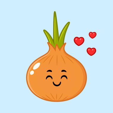 Neşeli bir yüzü ve açık mavi arka planda yüzen kalpleri olan sevimli bir çizgi film soğanı..