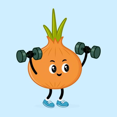 Büyüleyici bir çizgi film soğanı, halterlerle çalışıyor. Açık mavi arka planda eğlenceli ve canlı bir şekilde vücut buluyor..