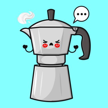 Öfkeli, çizgi film karakteri, buharlı ve konuşma baloncuğu olan, canlı mavi bir arka planı olan.