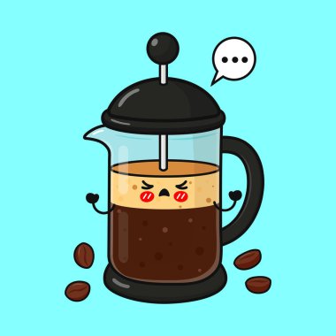 Sevimli karikatür Fransız basın kahve makinesi sinirini dışa vuruyor, elipsli bir konuşma balonu var, kahve çekirdekleri etrafında.