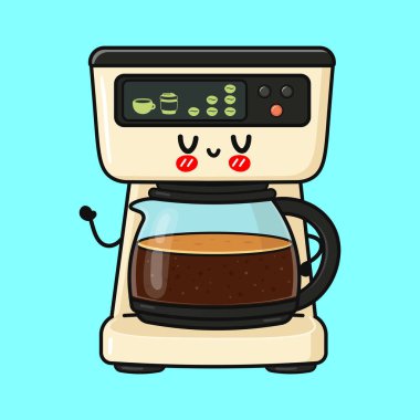 Çizgi film mutlu kahve makinesi karakteri elinde kahve makinesiyle, kendini iyi hissediyor, açık mavi bir arka planda izole edilmiş.