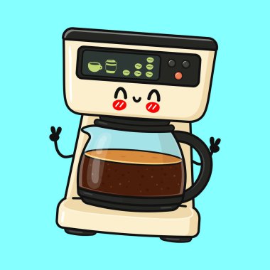 Kahve makinesinde barış işareti gösteren sevimli bir çizgi film karakteri. Mavi arkaplanda Mutlu Uygulama illüstrasyonu